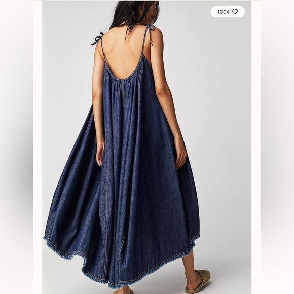 Free People Denim Dreams Denim Chambray Tie Shoulder Seamed Midi Dress M - Picture 4 of 8